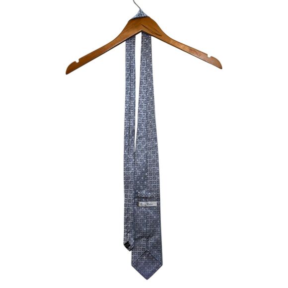 Burma Bibas Silk Tie Silver Blue Geometric Square Pattern Formal Business - Picture 5 of 8